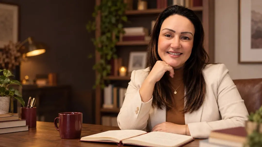 Mellissa Tagliaferri à mesa de trabalho com um livro aberto