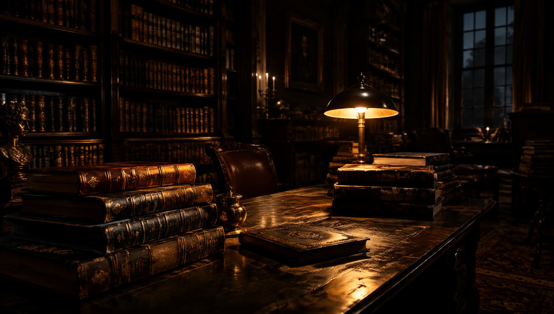 Livros antigos em biblioteca escura